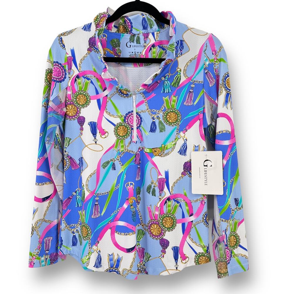 G Lifestyle Belmont Peri Ribbon Print Golf Shirt Sz Small Portrait Ruffle Collar